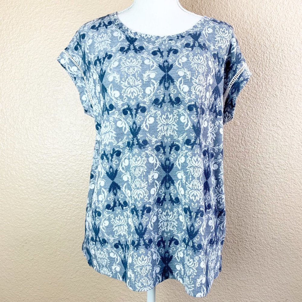 Rose + Olive Blue And White Cuffed Sleeve Blouse